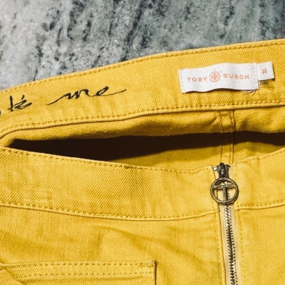 Tory Burch Jeans Womens 28 Flare Denim Mustard Yellow Exposed Zip Boho 70s Style